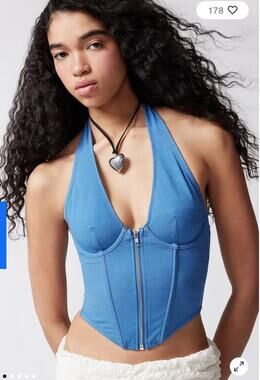 Urban Outfitters Out From Under Hot Stuff Denim Halter Corset Top Blue Sz S
